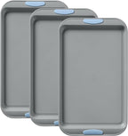 Pyrex (3-Piece) Metal Cookie Sheet Bakeware Set, Lightweight Stainless Steel Baking Trays with Heatsafe Silicone Handles, Cookie Sheet Baking Pan, Cerulean
