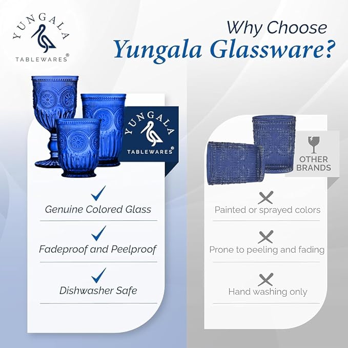 Cobalt Blue Glassware drinking glasses Set of 6, Handcrafted 8-Ounce Cups with Vintage Sunflower Pattern, Sturdy Lead-Free, Dishwasher Friendly blue drinking glasses with matching highball and goblets