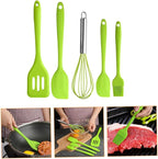 5pcs Kitchen Silicone Utensil Set Green Nonstick Baking Tools with Egg Whisk and Spatula Food-grade Silicone Cooking Gadgets for Mixing Scraping and Stirring