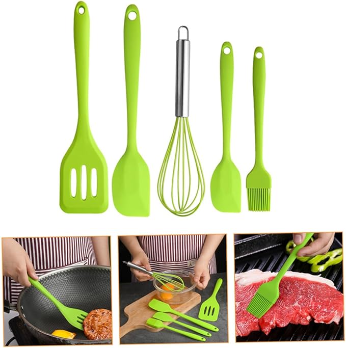 5pcs Kitchen Silicone Utensil Set Green Nonstick Baking Tools with Egg Whisk and Spatula Food-grade Silicone Cooking Gadgets for Mixing Scraping and Stirring