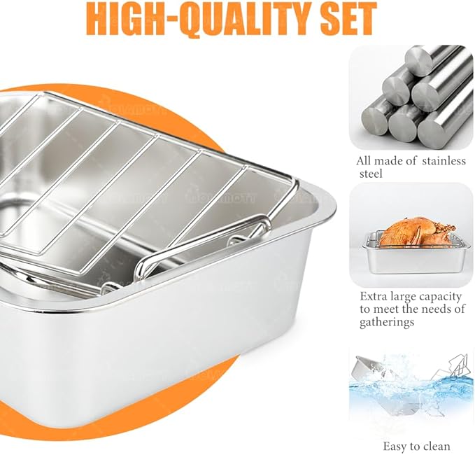 Turkey Roaster Roasting V Rack,15.6*11.6*4 inch Stainless Steel Roasting Pan with 2 Rack(Flat Rack and Rib Rack) for Smoker Smoking/Dual Purpose for Large Big Green Egg and Kamado Joe Etc