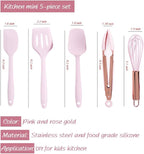 Collfa Rose Gold And Pink Kitchen Utensil Small Five-Piece Set Mini Silicone Kids Kitchen Tools Whisk Spatula Tongs Spoon And Slotted Spatula(Kids Baking Supplies)