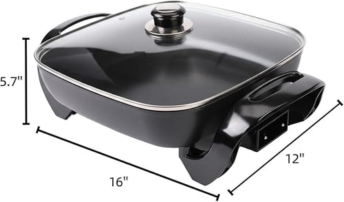 12" Ceramic Nonstick Electric Skillet with Tempered Vented Glass Lid, Scratch-Resistant Surface, Cool-Touch Handles, Removable Easy-to-Clean Design, 1200W, Sleek Black