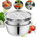Germany Multifunctional Stainless Steel Basin, 3 in 1 Vegetable Grater Julienne Slicer Stainless Steel Colander, Fruit Slicer for Kitchen Vegetable Slicer Grater Strainer Drain Basket (11.8in, Silver)
