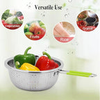 Stainless Steel Perforated Colander Strainer with Long Green Handle Sieve Sifters Use for Kitchen Food Pasta Noodles Spaghetti Vegetables Silver - 7.9inch