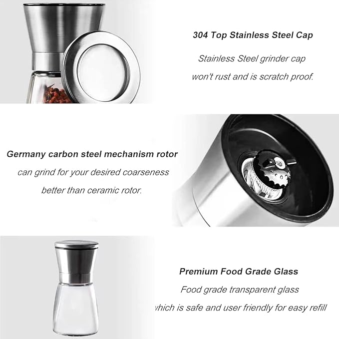 Ebaco Professional Pepper Grinder - with Germany Hardened Carbon Steel Mechanism Rotor, Refillable Pepper Mill 6OZ Glass Adjust Coarseness (1PCS-Sliver-304）