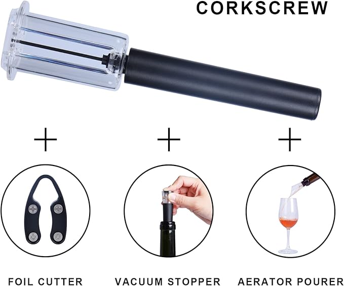 Air Pressure Pump Bottle Opener With One Foil Cutter,One Vacuum stopper and One Wine Aerator Pourer，Efficient|Lightweight|Funny Cork Remover,Great For Wine Lovers,Perfect Wine Gift. (4)