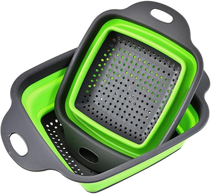 2 PCS Collapsible Colander, Collapsible Strainers for Kitchen, 11.5 inches Silicone Strainer and 9.5 inches Silicone Colander for Draining Vegetable fruit, Kitchen Food Strainer, Green