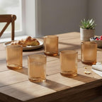 Physkoa Brown Ribbed Drinking Glasses Set of 6 – 9oz Vintage Amber Brown Glassware, Embossed Ribbed Tumbler Cups for Whiskey, Juice, Water, Cocktail