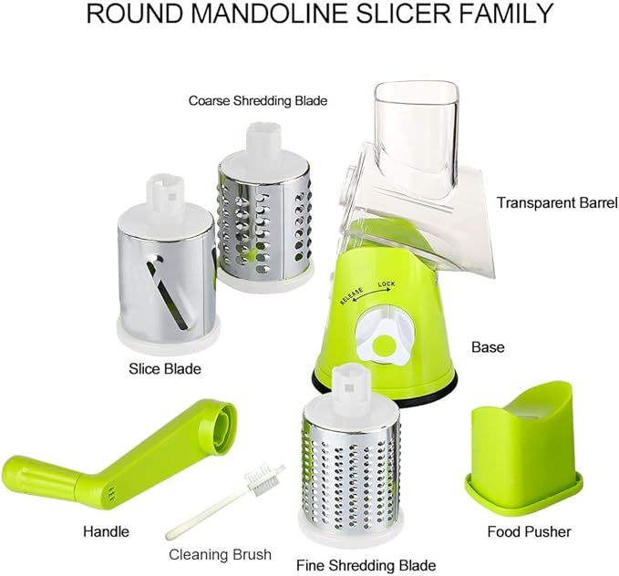 Cambom Rotary Cheese Grater Hand Crank Cheese Shredder for Fresh Cheese, Vegetable, Nuts,Non-slip Suction Base, Free Cleaning Brush Three Blades, Green