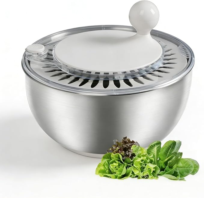Stainless Steel Salad Spinner, 5L Capacity Vegetable Washer, Lettuce Dryer with Non-Slip Base and Stop Button, 9.65 Inch Diameter Salad Bowl Fruit Washer