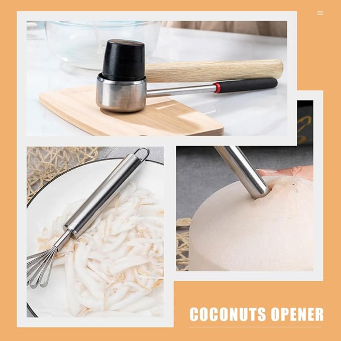 Healifty Stainless Steel Coconut Opener Tool Set 4pcs with Scraper Grater Puncher for Home Kitchen Use Household Coconut Shell Breaker and Meat Removal Gadget