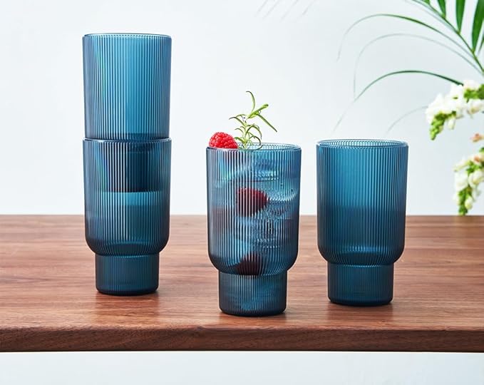 Shatterproof Acrylic Tall Drinking Glasses Set, European Style, Dishwasher Safe, Ribbed | Set of 4 | Fluted Tritan Drinkware, Unbreakable BPA-free Plastic, Reusable Stackable Glassware 14.5oz - Blue