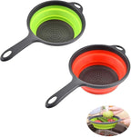 2 Pack Kitchen Foldable Silicone Strainer Colanders, Collapsible Colanders with Handles, Space-Saver Folding Strainer Colander for Draining Pasta, Vegetable (Green and Red)