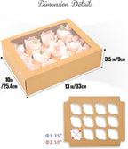 qiqee Auto-pop Up Cupcake Boxes with Window Brown 40PCS 12 Count Cupcake Box 13"x10"x3.5" Cupcakes Carrier, 12 Cupcake Containers with 2 rolls of pink ribbons