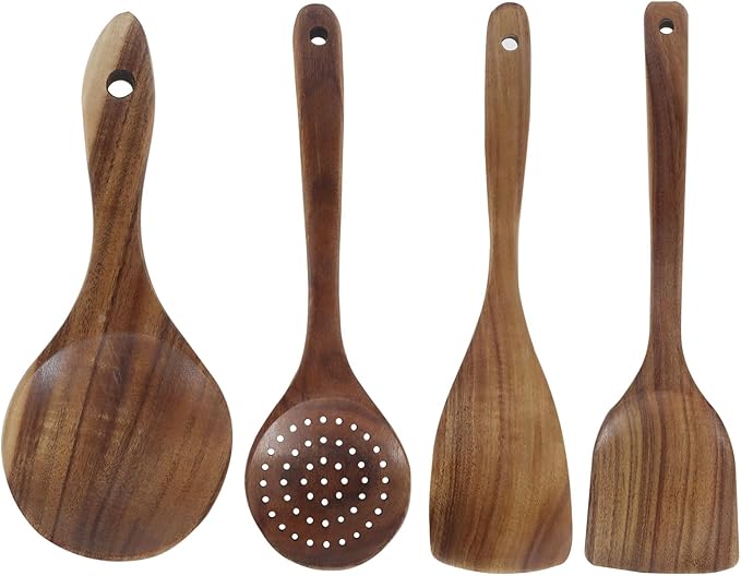 4 Pcs Natural Teak Wood Spatulas, Nonstick Wooden Spoons Premium Cooking Utensils, Heat Resistant Kitchen Utensil Set for Nonstick Cookware/Cooking Gifts