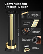 Rechargeable Electric Wine Opener with Charging Base & Foil Cutter, Automatic Corkscrew for 60 Bottles, Luxury Christmas White Elephant Gift for Wine Lovers Women Men - Gold & Black