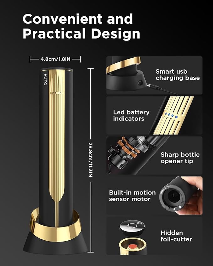 Rechargeable Electric Wine Opener with Charging Base & Foil Cutter, Automatic Corkscrew for 60 Bottles, Luxury Christmas White Elephant Gift for Wine Lovers Women Men - Gold & Black