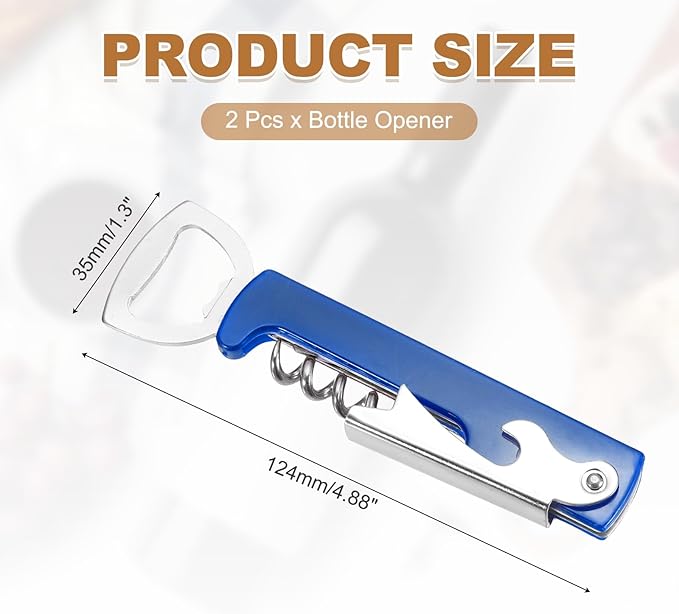 uxcell 2 Pcs Wine Opener, Bottle Opener, Durable Stainless Steel Waiter's Corkscrew, Compact All-In-One Home Bar Tool for Bar, Party, Wedding, Home, Travel, Blue