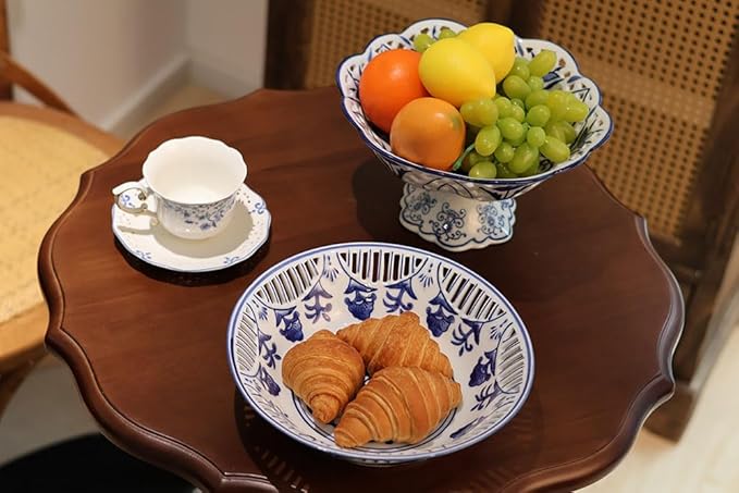 Aimusego Decorative Porcelain Fruit Serving Bowl Basket for Home and Kitchen, Chinoiserie Blue and White Floral Design, Scalloped Edge with Cutout Pattern (Leaf)
