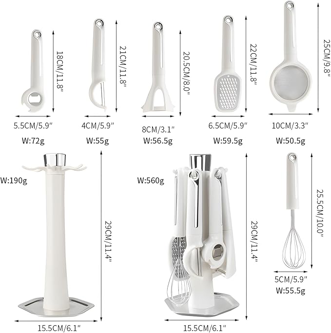 7-Piece Kitchen Gadget Set, Stainless Steel Cooking Utensils Set with Holder, 7-Pieces All Metal Kitchen Utensils, 11.4’’ Long Kitchen Tools with Countertop Rotating Stand (Gray)