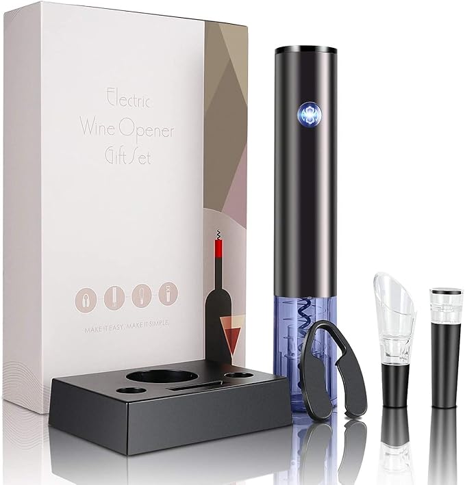 Electric Wine Opener Gift Set with Power Dock-Automatic Rechargeable Bottle Corkscrew-Foil Cutter, Aerator Pourer, Vacuum Wine Stopper - Present Housewarming, Christmas & Birthday