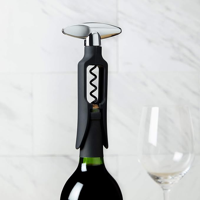 True Self Pulling Corkscrew Wine Opener, Durable Plastic with Easy Turn Chrome Handle, Wine Bottle Opener for Bartenders, Home Bar Tools, Bar Cart Accessories, Kitchen Essentials, Set of 1, Black