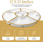 R-kay 4 Pack, 6 Sectional White Plastic Serving Trays For Party With Gold Rim - Heavy Duty Gold Party Trays For Serving Food - 12 Inch Platters