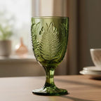 Green Stemmed Goblet, Hand-Pressed Fern Embossed Textured Glass for Water, Cocktails & Wine, Retro Boho Colored Stemware, Decorative Bar Drinkware for Kitchen Dining Table, Unique Botanical Style Gift