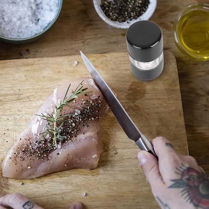 T-mark Premium Sea Salt and Pepper Grinder Set - Spice Mill with Brushed Stainless Steel, Small Portable Ceramic Salt & Pepper Shakers (2-Pack) (Black)