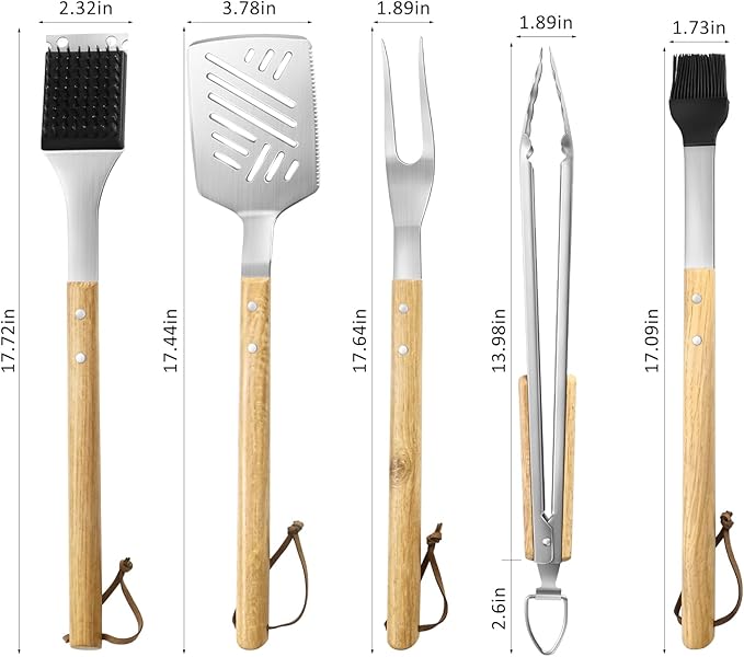 5 pcs Heavy-Duty Wooden BBQ Grilling Tools Set, Extra Thick Stainless Steel Multi-Functional Spatula, Fork, Tong, Oiling Brush & Cleaning Brush - an Excellent Barbecue Gift for Men