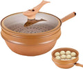 awakentti Light weight Cast Iron Wok, Iron Wok With Lid, Nonstick Wok, Steaming And Cooking All In 1 Frying Wok Flat Bottom for Induction, Electric, Gas, Halogen, All Stoves