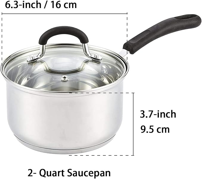Cook N Home 2 Quart Stainless Steel Saucepan Set with Lid, Induction Compatible Milk Pots, Stay-Cool Silicone Handle, Mirror Polished 18/10 Cookware, Dishwasher & Oven Safe, Silver