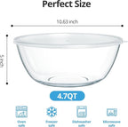 4.7 Qt Extra Large Glass Mixing Bowls Clear Glass Salad Cooking Bowls for Kitchen Salad Bread Storage