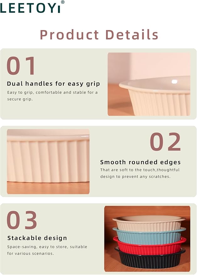 LEETOYI Porcelain Small Oval Au Gratin Pans, Baking Dish Set for 1 or 2 person servings, Bakeware with Double Handle for Kitchen and Home, Set of 2 (Navy)