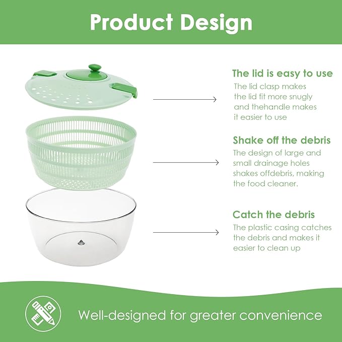 PP Salad Spinner, Multi-Use Basket, 4.22 QT Large Capacity Salad Washer Labor Saving Lettuce Spinner Multiple Water Outlet Lettuce Drainer for Household(Green)