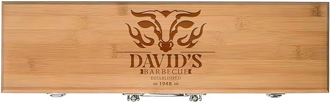 The Flame - Personalized BBQ Tool Set - 3 Utensils + Bamboo Box - BBQ Grilling Accessories - Grill Gifts for Him, Men, Dad, Husband - Smoker Accessories - Grill Utensils Set - Unique Men Birthday Gift