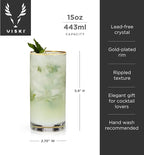 Viski Meridian Highball Glasses Set of 2 - Vintage Drinking Glass, Art Deco Ripple Glassware Design, 15oz Gold Rimmed Collins Glasses Set