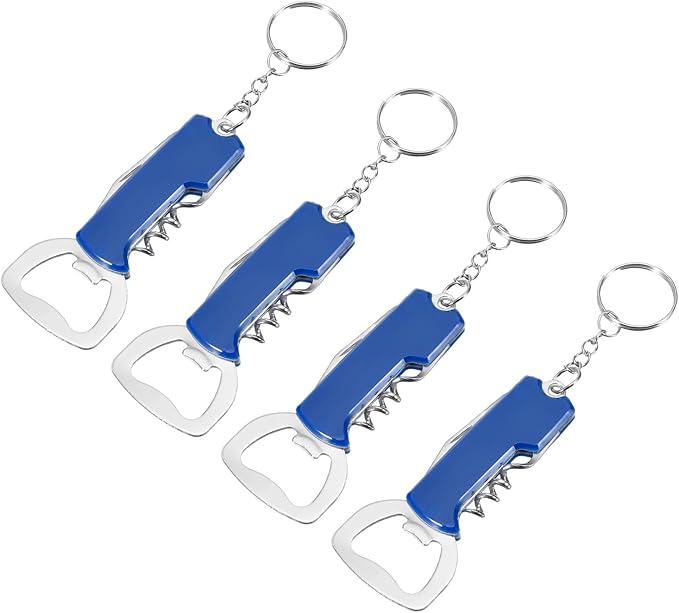 uxcell 4 Pcs Wine Opener, Bottle Opener Keychain, Durable Stainless Steel Waiter's Corkscrew, Compact All-In-One Home Bar Tool for Bar, Party, Wedding, Home, Travel, Blue