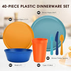 40 Piece Plastic Dinnerware Set for 8 with Cutlery, Unbreakable Plates and Bowls Set, Dishwasher & Microwave Safe Reusable Dish Set for Camping, RV, Outdoor Kitchen, Apartment Dining,Tropic Multicolor