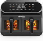 TOPZEE 8 Quart Large Air Fryer - Dual Basket Airfryer with Easy View Windows, Preheat, Air Fry, Roast, Broil, Bake, Dehydrate, 2 Independent 4 QT Nonstick Dishwasher Safe Baskets, Black