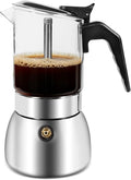Moka Pot Stovetop Espresso Maker, Crystal Glass-Top & 304 Stainless Steel Italian Coffee Brewer, 300ml 6-Cup Espresso Pot for Home & Camping, Silver