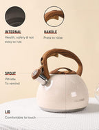 BELANKO 2.7 Quart Tea Kettle for Stovetops - Food Grade Stainless Steel Teapot with Loud Whistle, Cool-Touch Wood Pattern Handle, Rust-Resistant Whistling Kettle - Starry Cream