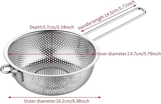 Stainless Steel Colander Fine Mesh Colander with Long Handle Micro-Perforated Colander Metal Strainer Kitchen Food Strainer for Fried Food Vegetable Fruit