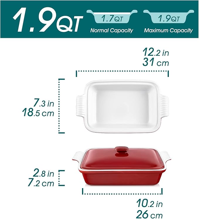 vancasso Blossom Casserole Dish With Lid, 1.9 Quart Casserole Dish for Oven, 12x7 Baking Pan with Handles, Casserole Baking Dish Lasagna Pan with Lid, Microwave, Dishwasher Safe, Red