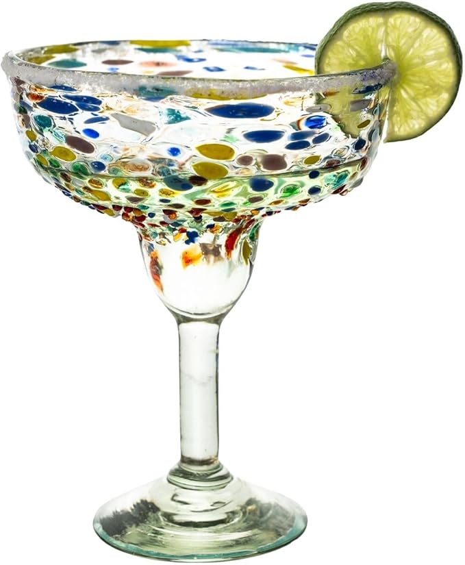 Confetti Dots Hand Blown Margarita Glasses - 100% Recycled Mexican Glassware - Artisan Crafted Drinking Glasses for Margaritas, Frozen Cocktails or Tequila - Set of 4 (14 oz)