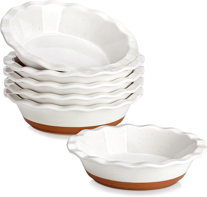 MALACASA Ceramic Mini Pie Pans Set of 6, 6 Inch Pie Plates for Baking with Ruffled Edge, Small Quiche Baking Dish Pans Tart Pans, Individual Pot Pie Plates, Microwave & Oven Safe, Khaki White