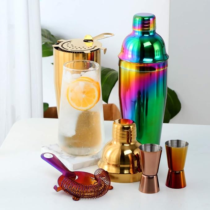 Cocktail Shaker Martini Shaker Set, Stainless Steel Bar & Wine Tools, 24 OZ Bartender Kit, Drink Mixer, Built-In Strainer For Home Bars Parties(Rainbow)