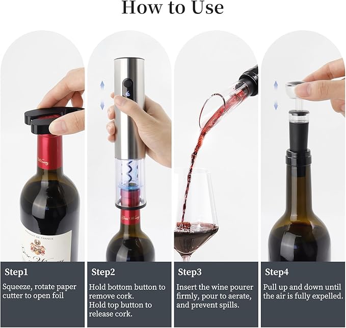 Electric Wine Opener Set by ELMWAY - Rechargeable Corkscrew Bottle Opener with Base/Wine Aerator Pourer/Foil Cutter/Wine Stopper/LED Light/Stainless Steel Shell, Gift for Wine Lover - Silver