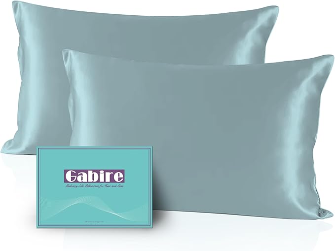 Mulberry Silk Pillow Cases Set of 2, Both Sides Real Silk Pillow Cover for Hair and Skin Cool Pillowcase Organic Silk Pillowcase 2 Pack with Hidden Zipper, Haze Blue, Queen (20"×30")